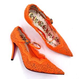 Gucci Virginia Orange Lace Pumps Pointed Toe Mary Jane Heels‎ Sz 37 EU / 7 US